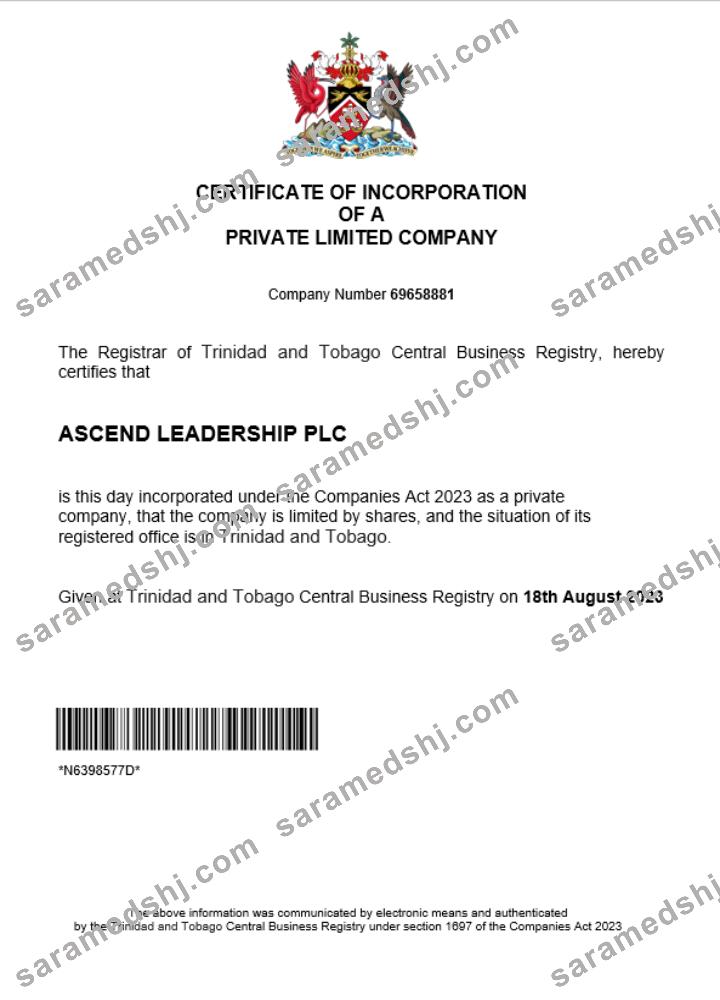 Trinidad and Tobago business registration certificate Word and PDF template